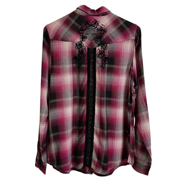 Harley-Davidson Women's Size M Hearts & Serpents Laced Purple Plaid Button Shirt - Picture 2 of 11